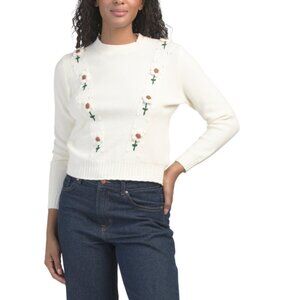 NANCY YANG Off White Floral Mock Neck Sweater